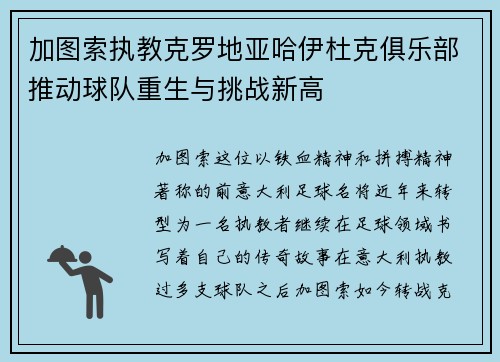 加图索执教克罗地亚哈伊杜克俱乐部推动球队重生与挑战新高