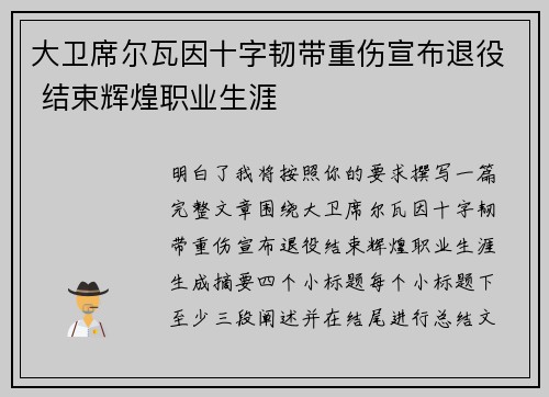 大卫席尔瓦因十字韧带重伤宣布退役 结束辉煌职业生涯