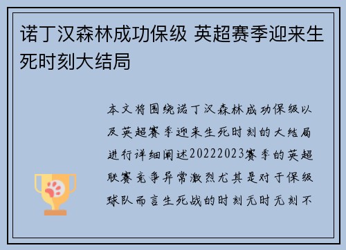 诺丁汉森林成功保级 英超赛季迎来生死时刻大结局